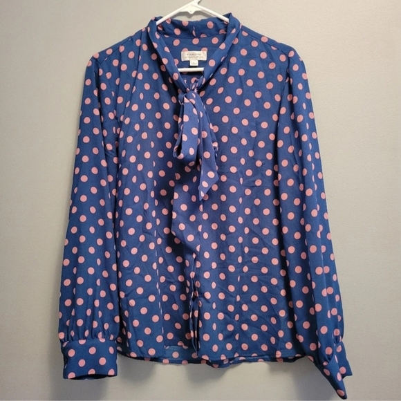 Tahari Retro Polka Dot Tie Button-Up Blouse Blue Pink Size Large EUC - Picture 3 of 6